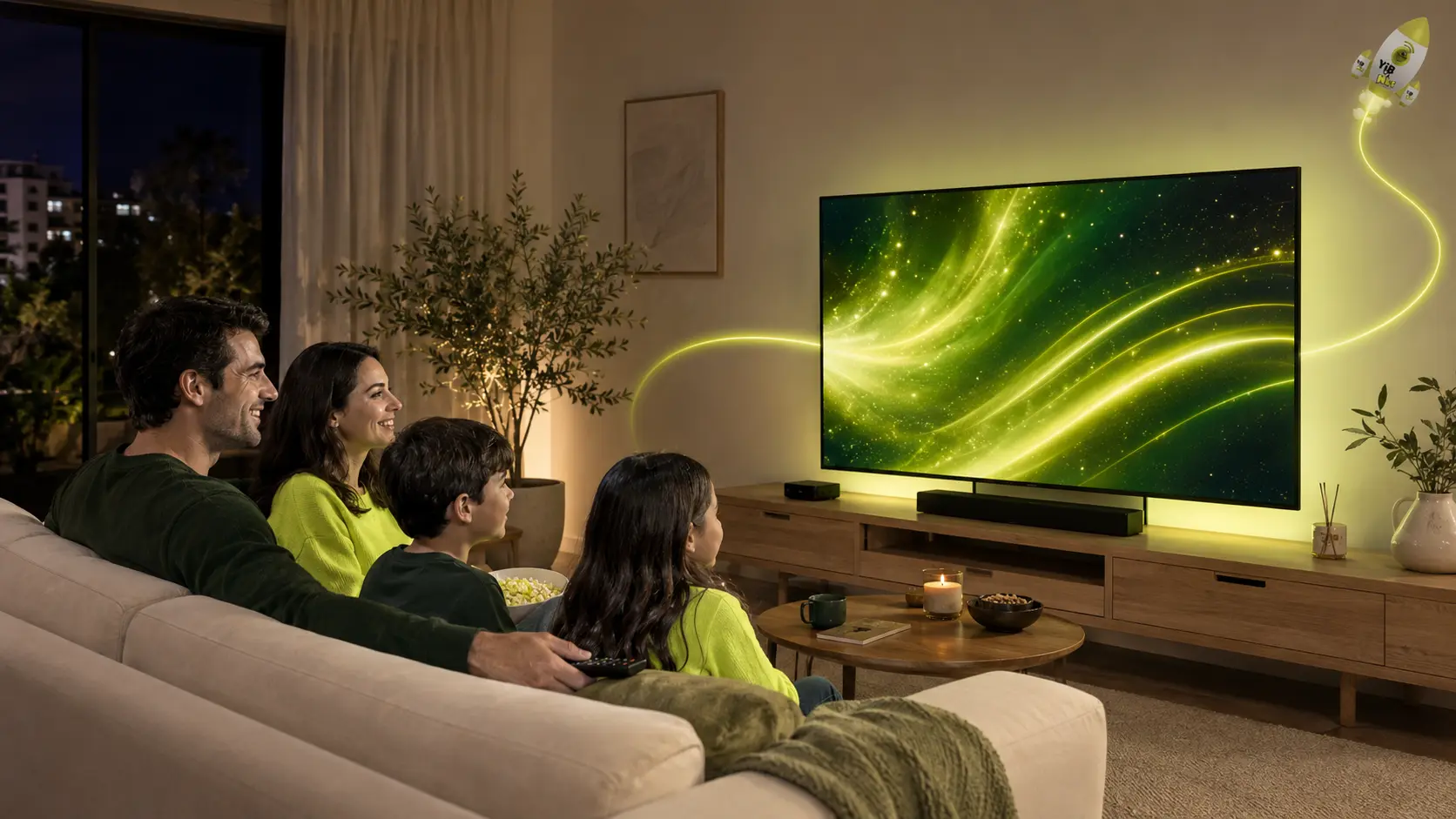 Família de pele clara assistindo à televisão com o foguete YibNET