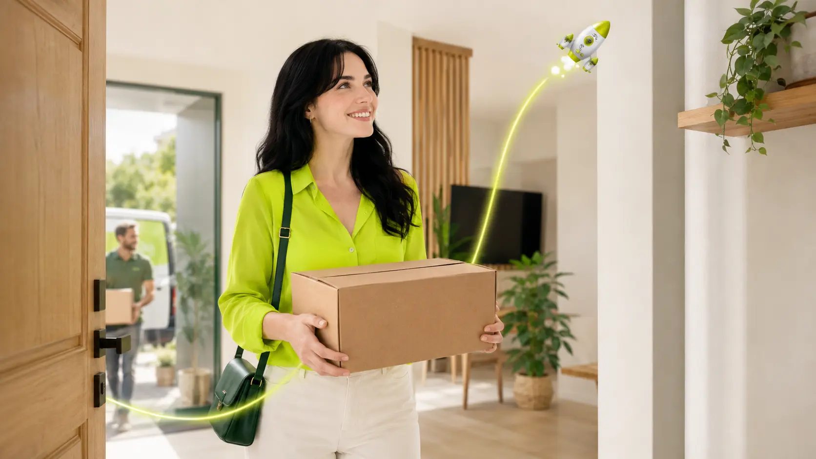 Cliente de pele clara conhecendo a conexão YibNET com o foguete da marca